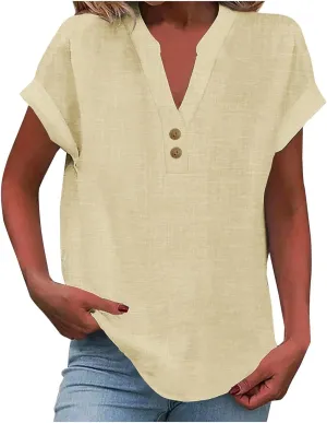Womens Button Down Collar Shirt Plain Long Sleeve Linen Summer Casual Office Blouse Tops Loose Fit Tunic