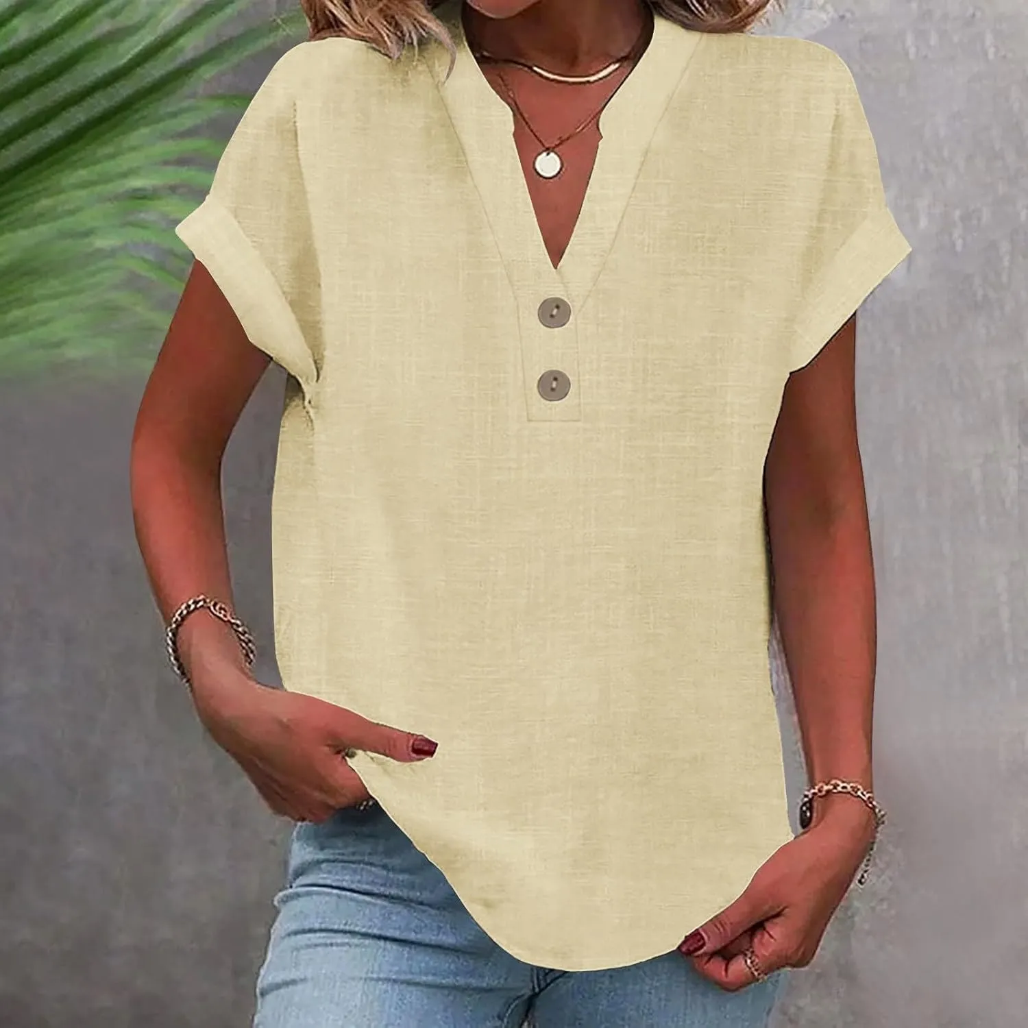 Womens Button Down Collar Shirt Plain Long Sleeve Linen Summer Casual Office Blouse Tops Loose Fit Tunic