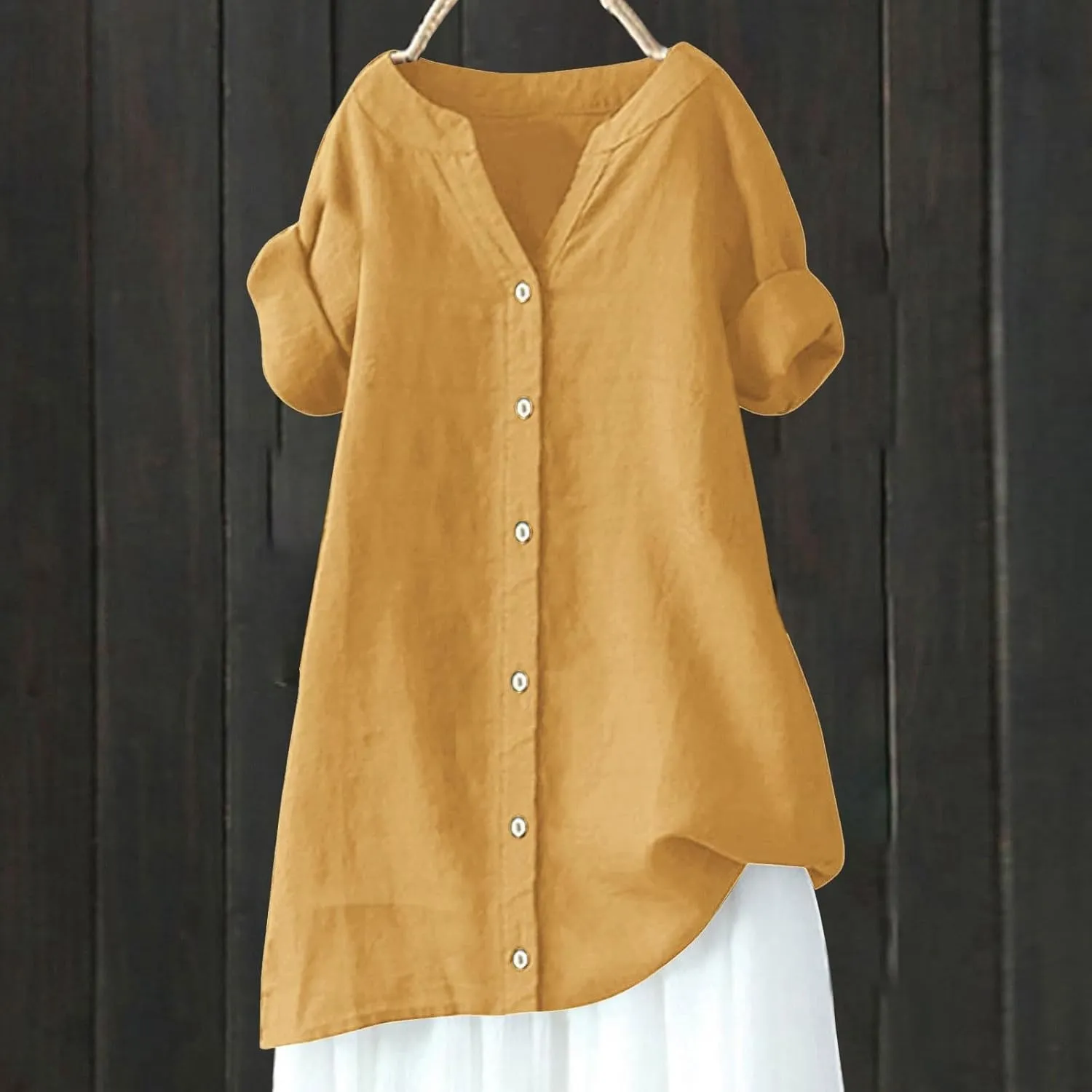 Women's Button Down Shirt V Neck Long Sleeve Cotton Linen Summer Casual Plus Size Blouses Top Loose Fit Tunics
