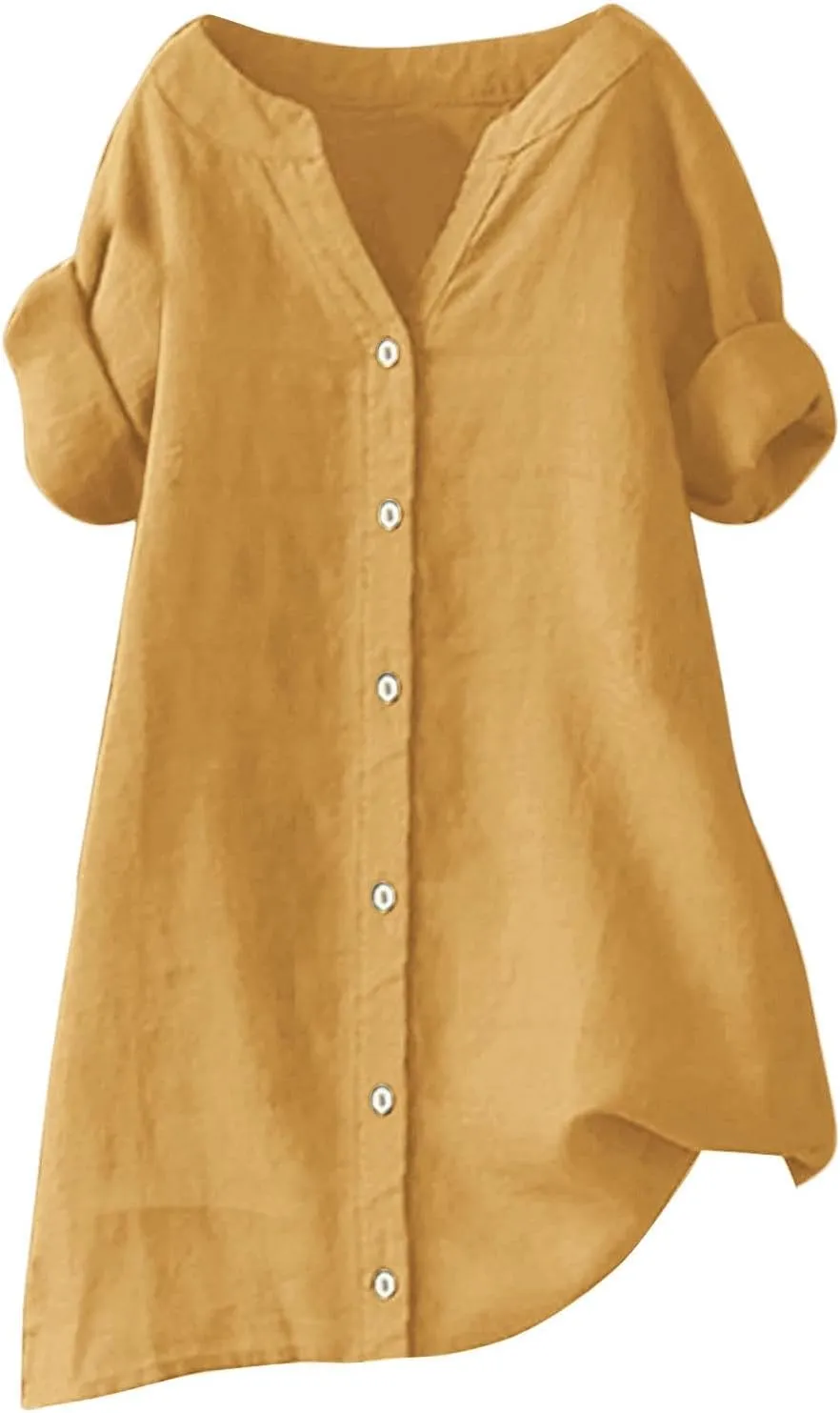 Women's Button Down Shirt V Neck Long Sleeve Cotton Linen Summer Casual Plus Size Blouses Top Loose Fit Tunics