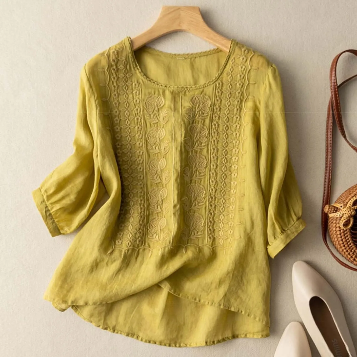 Women's Button Down Shirt V Neck Long Sleeve Linen Summer Casual Business Blouses Top Loose Fit Tee Shirts