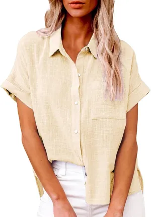 Women's Button Down Shirt V Neck Long Sleeve Linen Summer Casual Business Blouses Top Loose Fit Tee Shirts