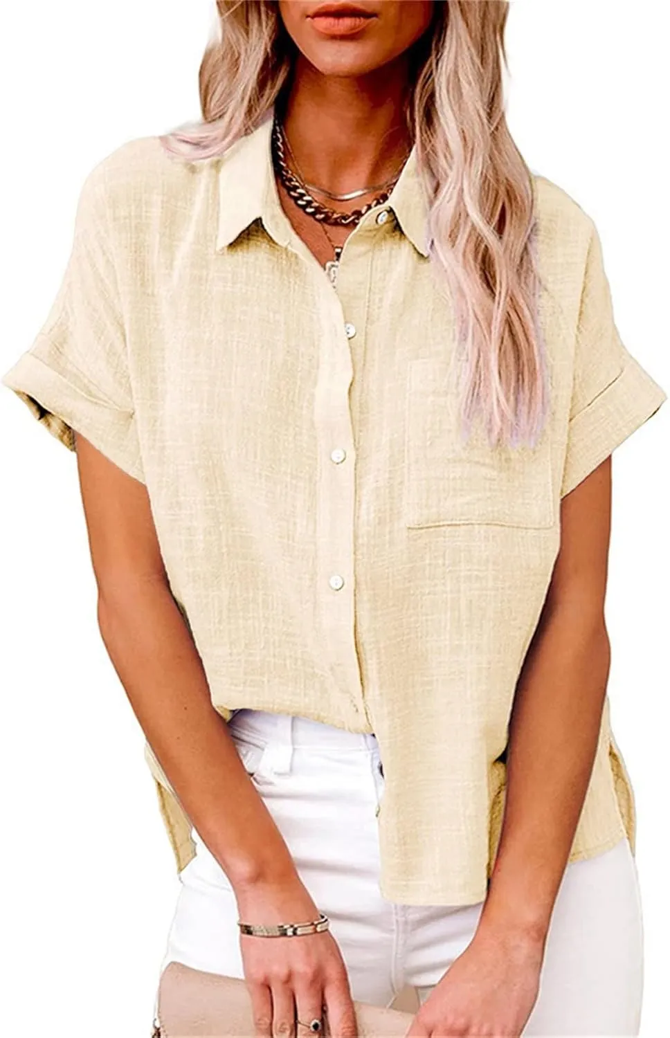 Women's Button Down Shirt V Neck Long Sleeve Linen Summer Casual Business Blouses Top Loose Fit Tee Shirts