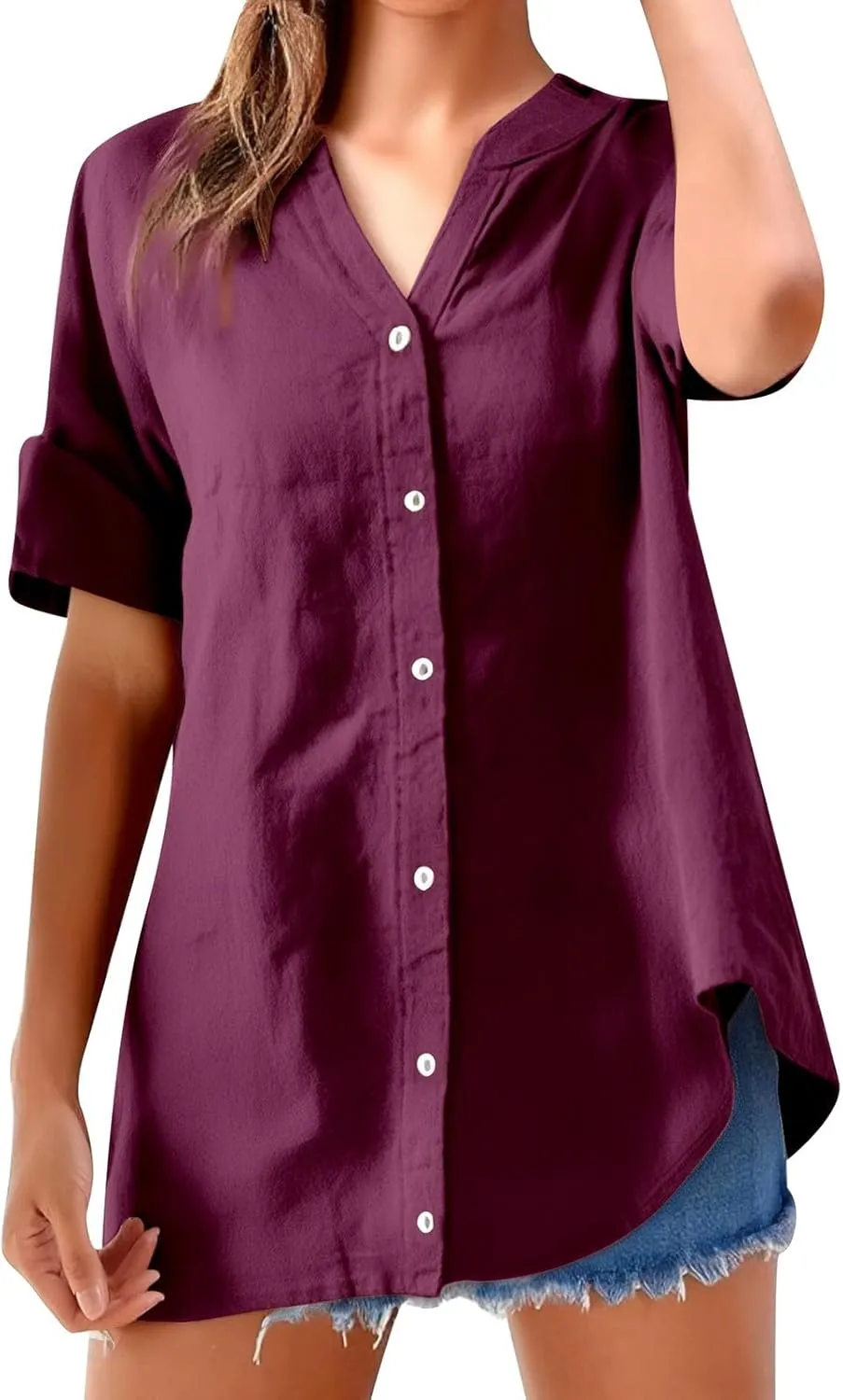 Womens Button Down Shirt V-Neck Long Sleeve Linen Summer Casual Trendy Blouse Tops Loose Tee Tops