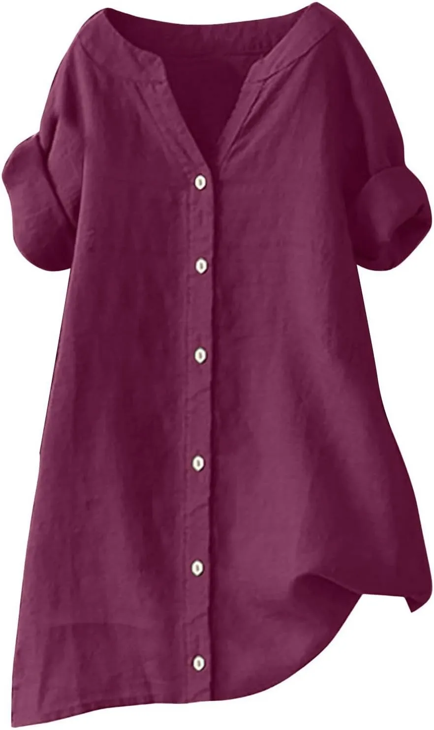 Womens Button Down Shirt V-Neck Long Sleeve Linen Summer Casual Trendy Blouse Tops Loose Tee Tops