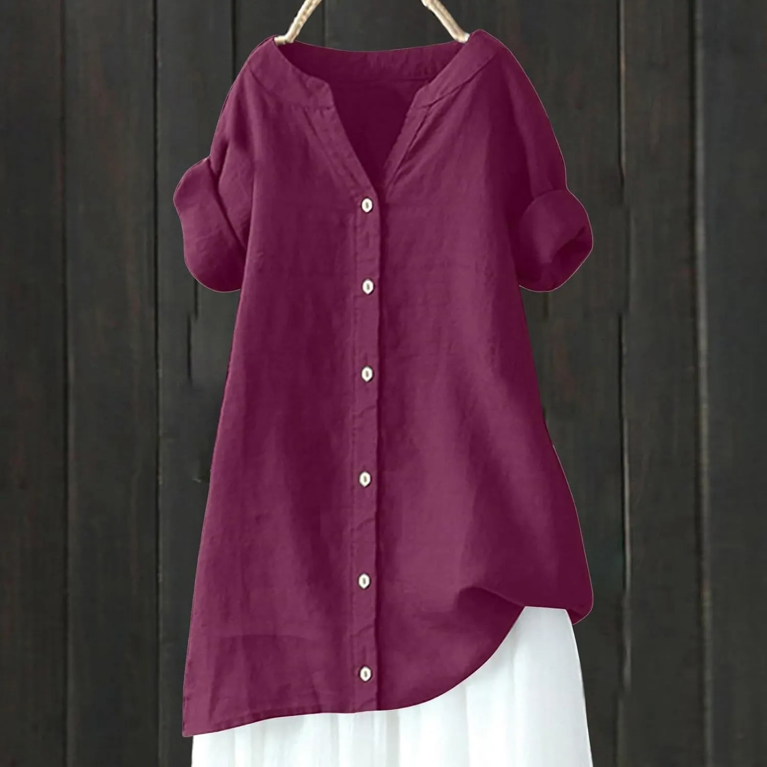 Womens Button Down Shirt V-Neck Long Sleeve Linen Summer Casual Trendy Blouse Tops Loose Tee Tops