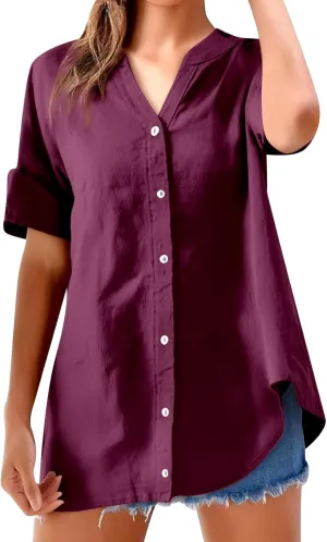 Womens Button Down Shirt V-Neck Long Sleeve Linen Summer Casual Trendy Blouse Tops Loose Tee Tops