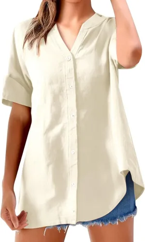 Women's Button Down Shirts Plain Long Sleeve Linen Summer Casual Oversized Blouse Tops Loose Fit Tee Tops