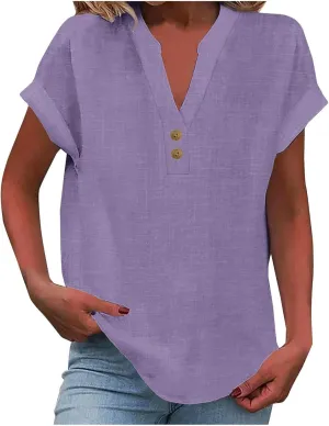 Womens Button Up Shirts Solid Color Short Sleeve Linen Summer Casual Fashion Blouse Top Loose T-Shirt