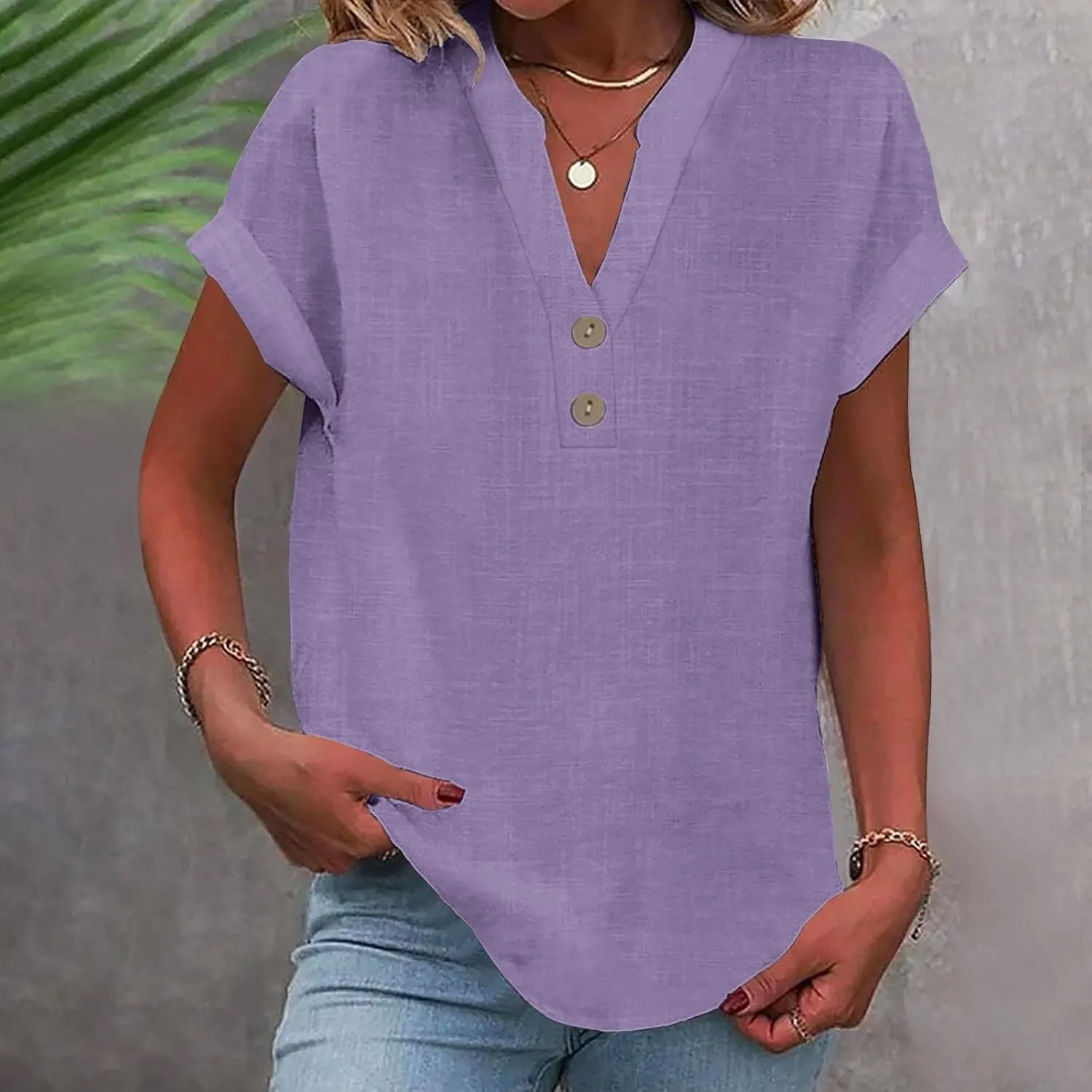 Womens Button Up Shirts Solid Color Short Sleeve Linen Summer Casual Fashion Blouse Top Loose T-Shirt