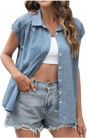 Women's Cap Sleeve Button Down Shirts Vintage Plaid Print Collared Blouse Dressy Casual Summer Tops