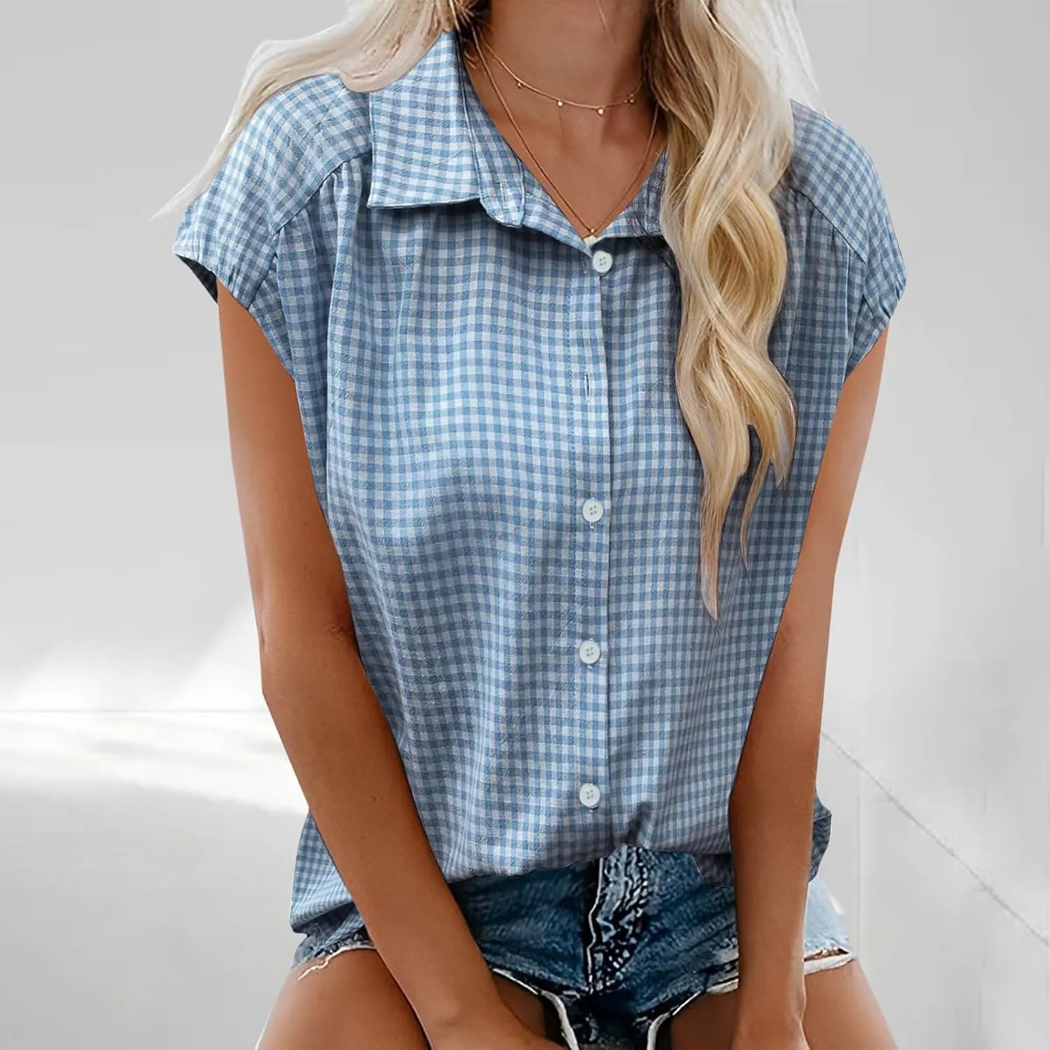 Women's Cap Sleeve Button Down Shirts Vintage Plaid Print Collared Blouse Dressy Casual Summer Tops