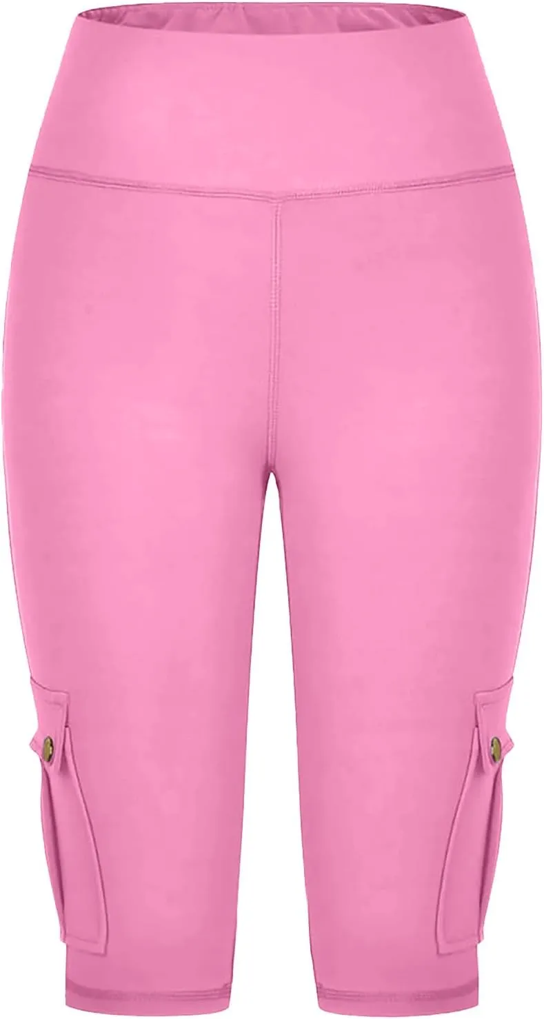Womens Cargo Shorts with Back Flap Pockets Knee Length Butt Lifting High Waisted Long Biker Yoga Shorts Legging