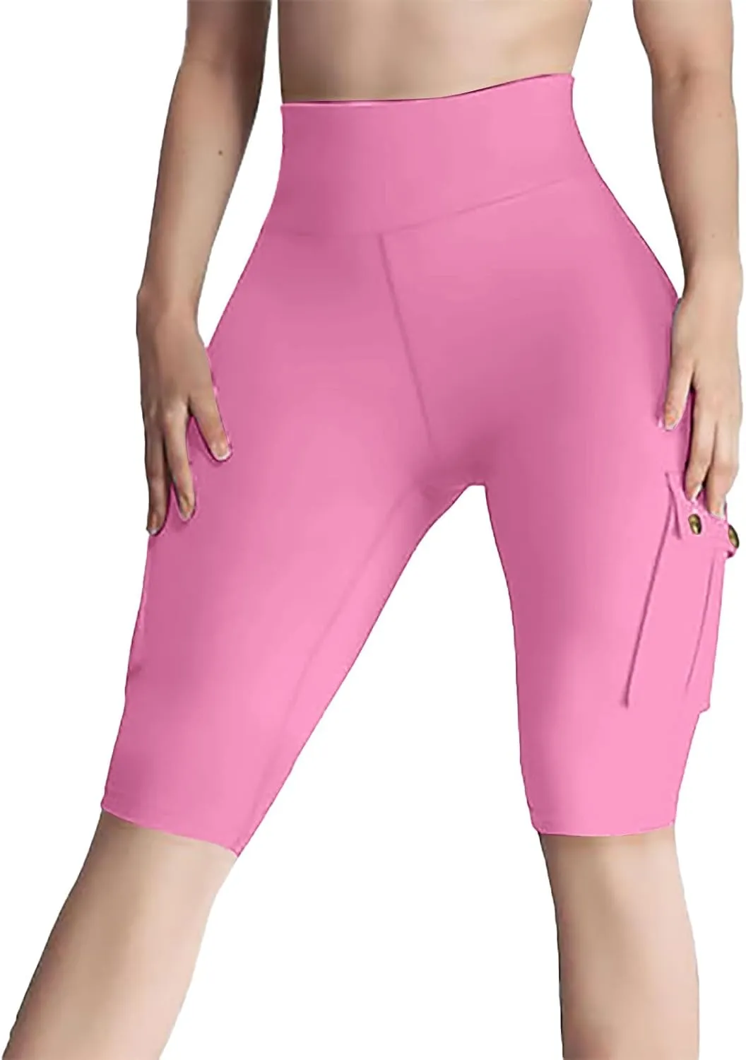 Womens Cargo Shorts with Back Flap Pockets Knee Length Butt Lifting High Waisted Long Biker Yoga Shorts Legging
