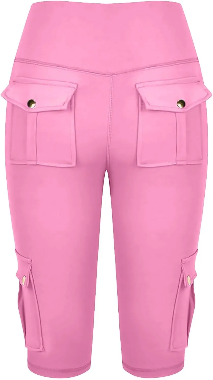 Womens Cargo Shorts with Back Flap Pockets Knee Length Butt Lifting High Waisted Long Biker Yoga Shorts Legging