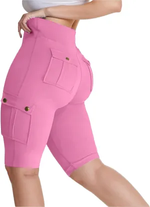 Womens Cargo Shorts with Back Flap Pockets Knee Length Butt Lifting High Waisted Long Biker Yoga Shorts Legging