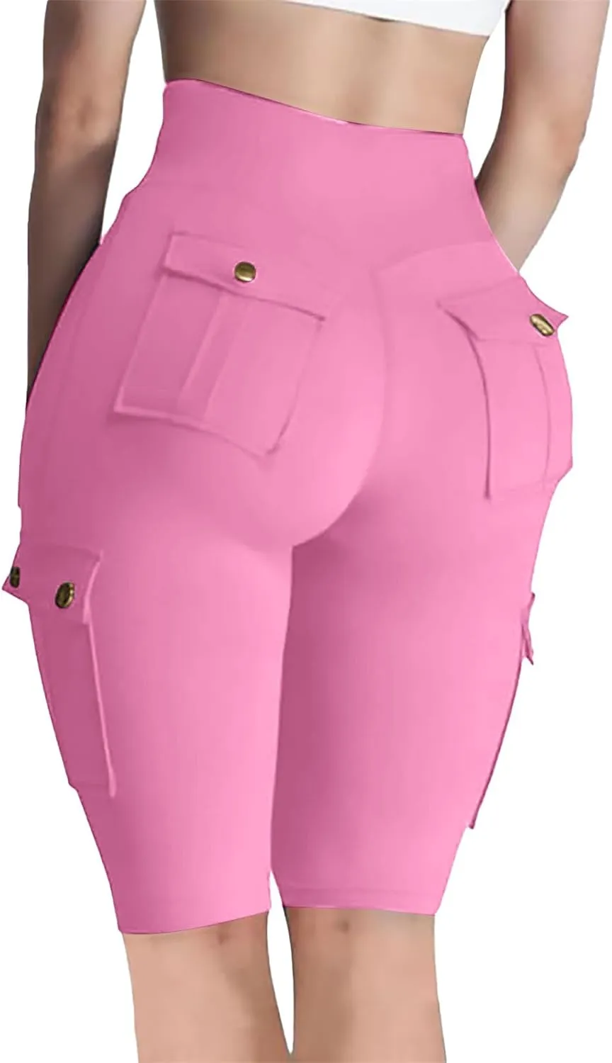 Womens Cargo Shorts with Back Flap Pockets Knee Length Butt Lifting High Waisted Long Biker Yoga Shorts Legging