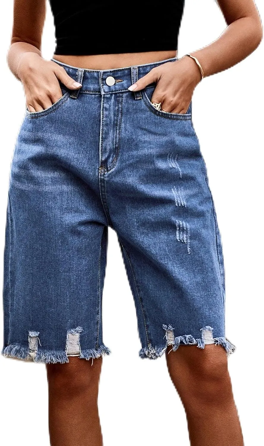 Women's Casual Bermuda Denim Shorts High Waisted Frayed Hem Comfy Shorts Ripped Distressed Breathable Jean Short with Pockets