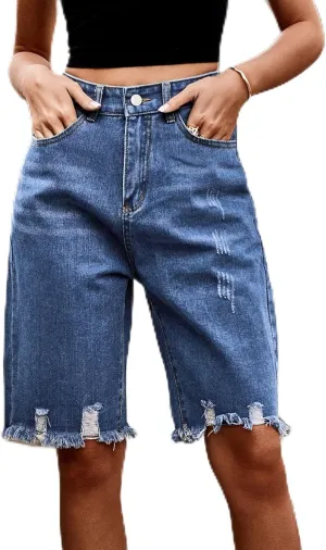 Women's Casual Bermuda Denim Shorts High Waisted Frayed Hem Comfy Shorts Ripped Distressed Breathable Jean Short with Pockets