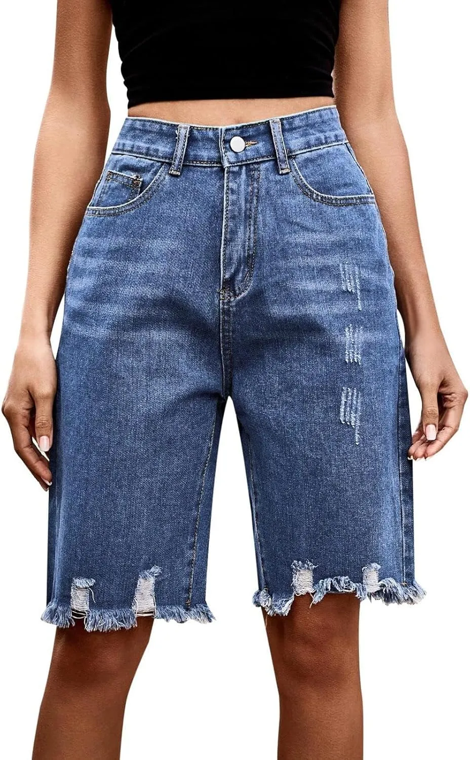 Women's Casual Bermuda Denim Shorts High Waisted Frayed Hem Comfy Shorts Ripped Distressed Breathable Jean Short with Pockets