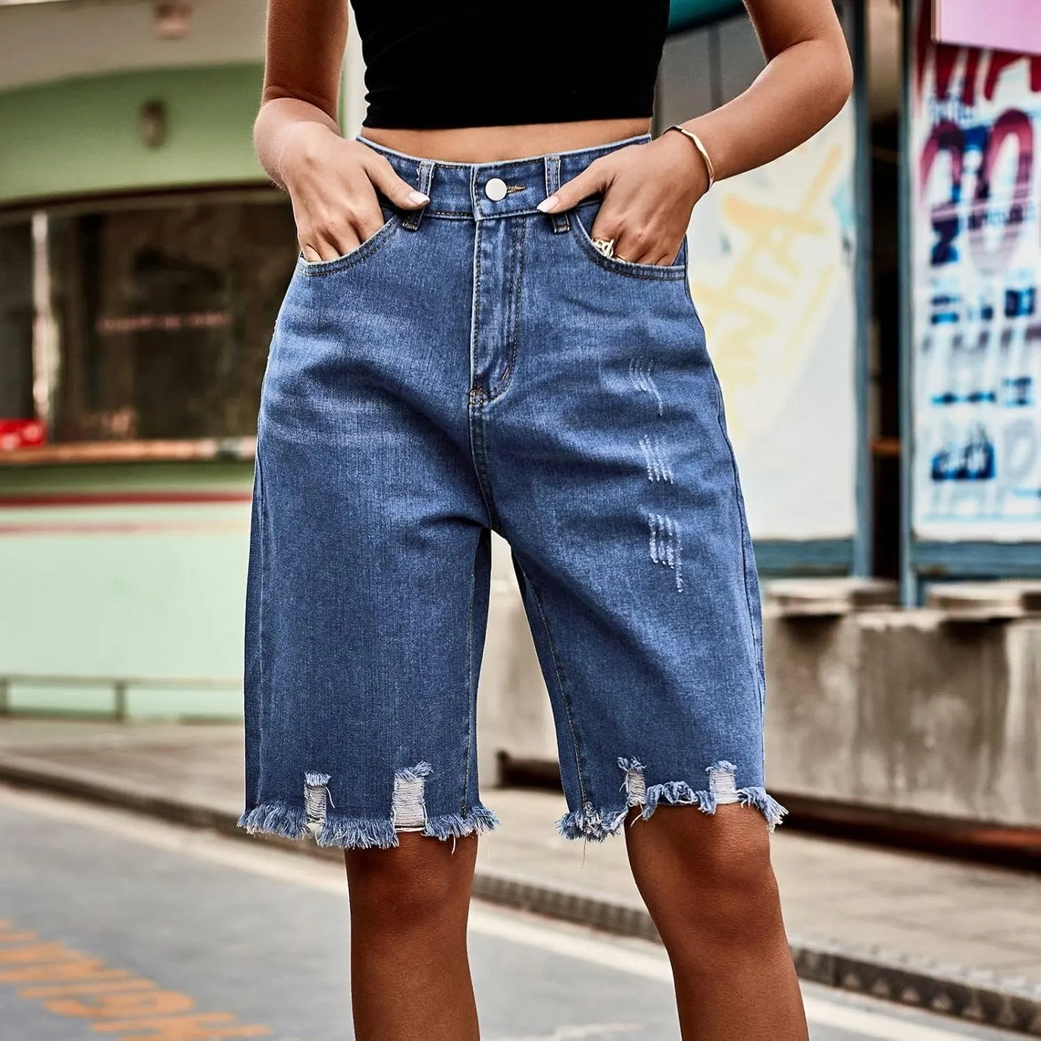 Women's Casual Bermuda Denim Shorts High Waisted Frayed Hem Comfy Shorts Ripped Distressed Breathable Jean Short with Pockets