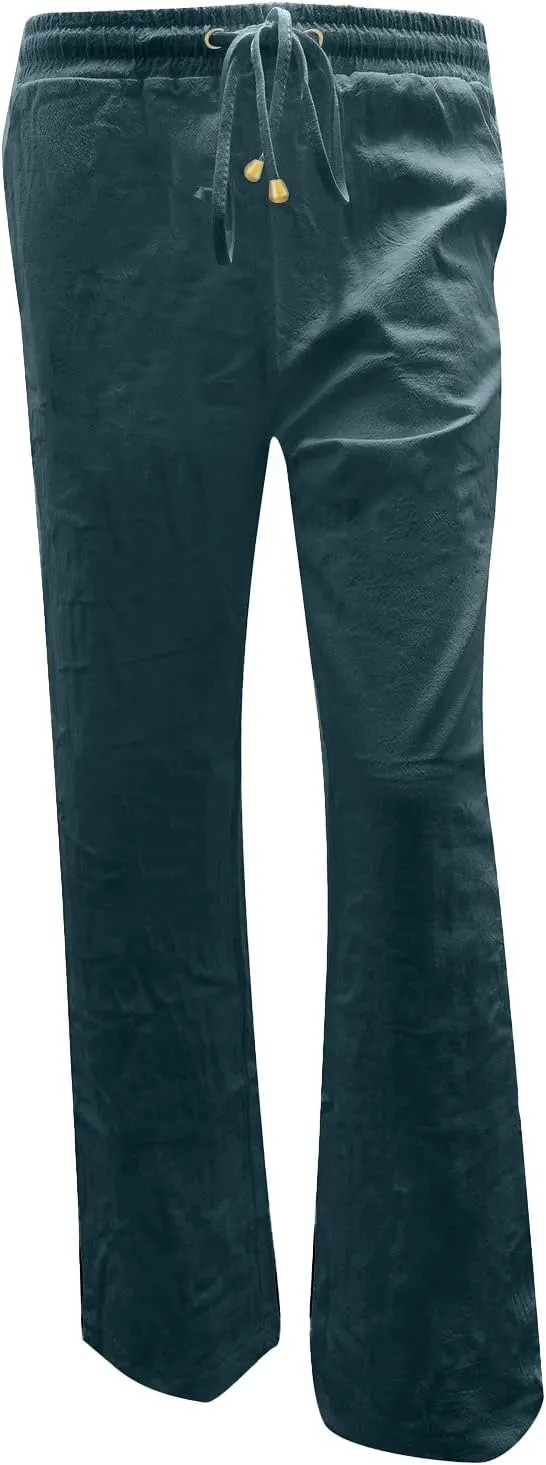 Women's Casual Cotton Linen Pants Summer Relax Fit Elastic Waist Straight Leg Comfy Solid Color Lounge Long Trouser