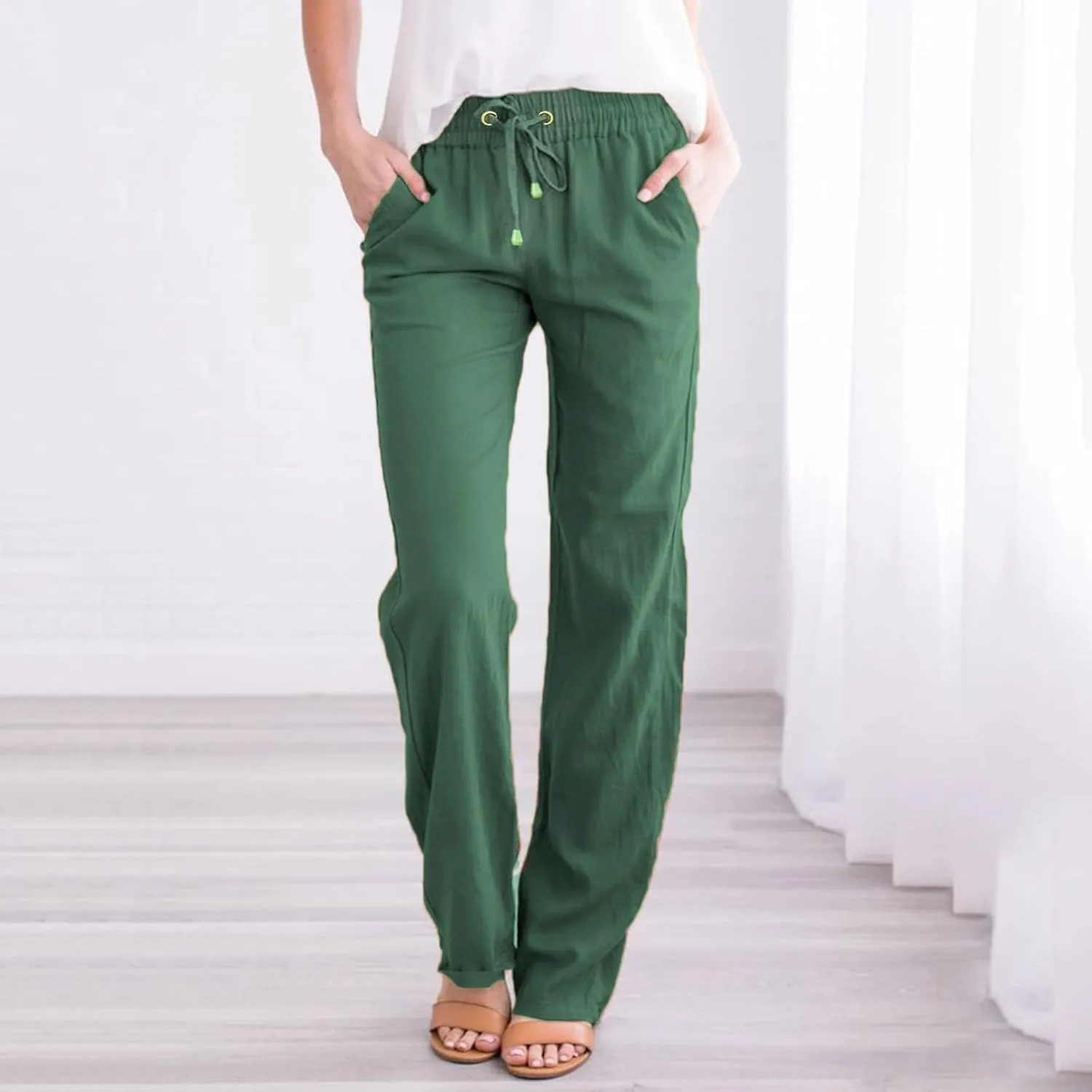 Women's Casual Cotton Linen Pants Summer Relax Fit Elastic Waist Straight Leg Comfy Solid Color Lounge Long Trouser
