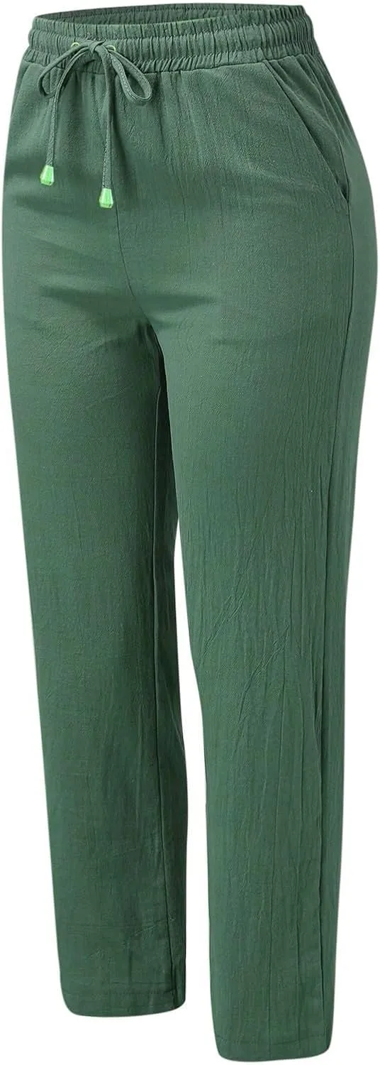 Women's Casual Cotton Linen Pants Summer Relax Fit Elastic Waist Straight Leg Comfy Solid Color Lounge Long Trouser