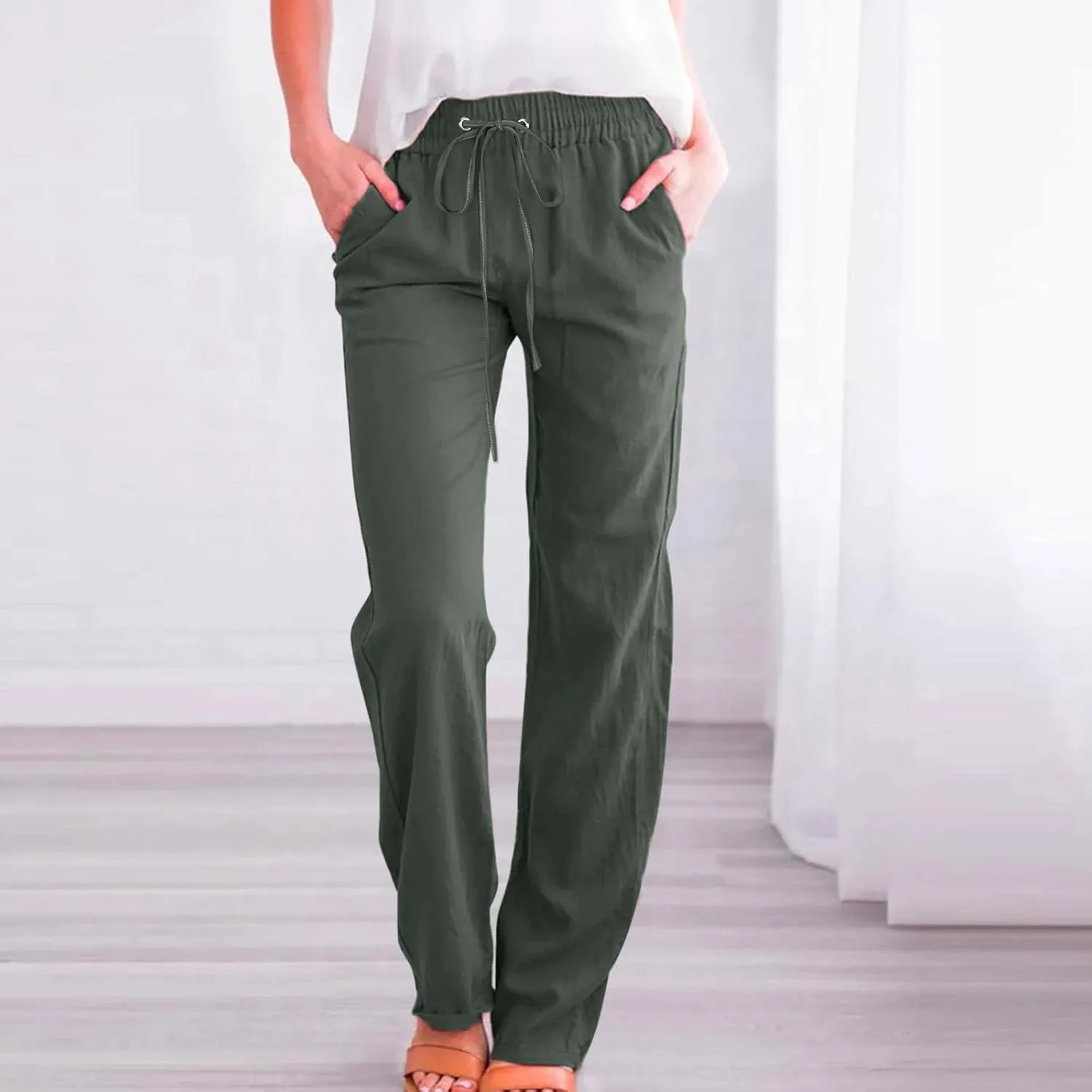 Women's Casual Cotton Linen Pants Summer Relax Fit Elastic Waist Straight Leg Comfy Solid Color Lounge Long Trouser