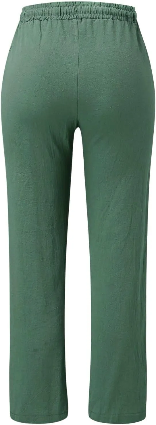Women's Casual Cotton Linen Pants Summer Relax Fit Elastic Waist Straight Leg Comfy Solid Color Lounge Long Trouser
