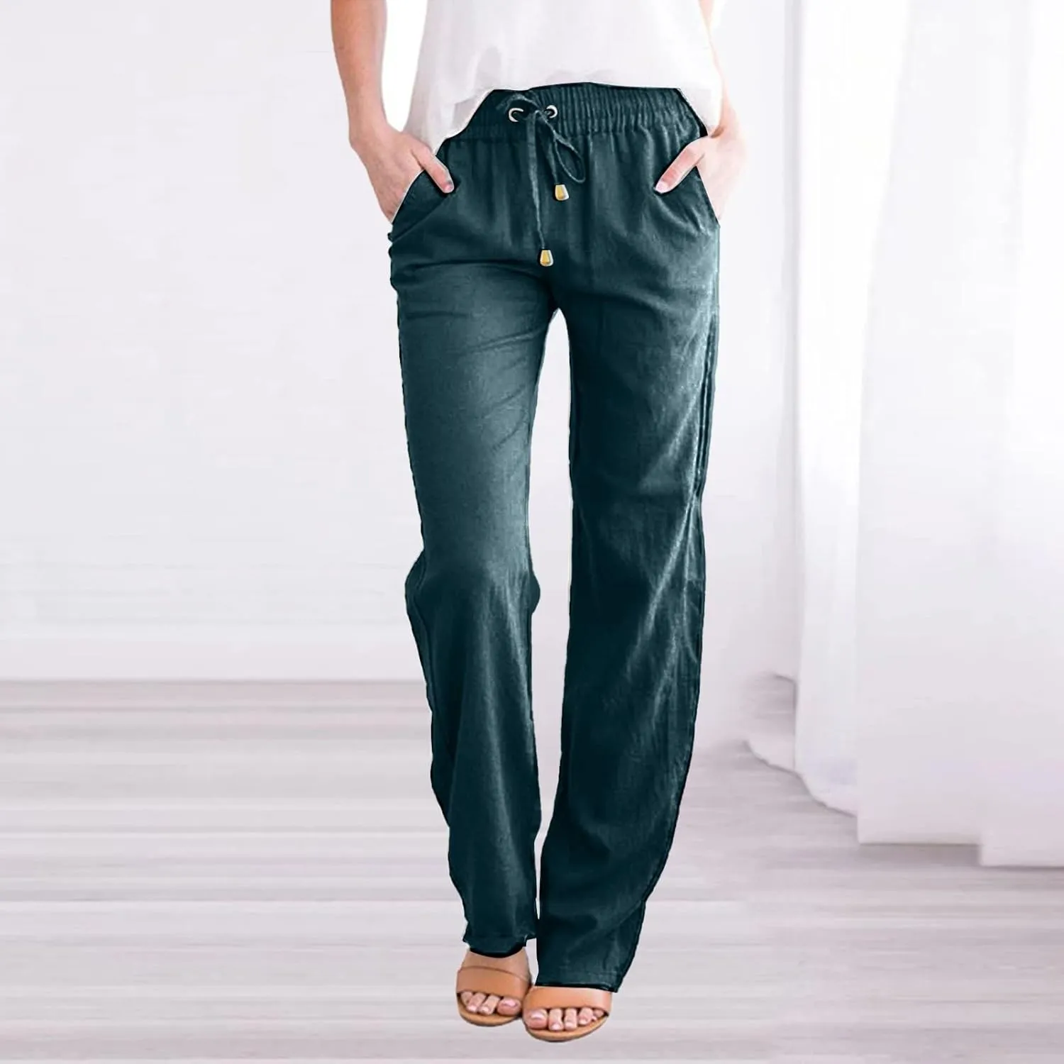 Women's Casual Cotton Linen Pants Summer Relax Fit Elastic Waist Straight Leg Comfy Solid Color Lounge Long Trouser