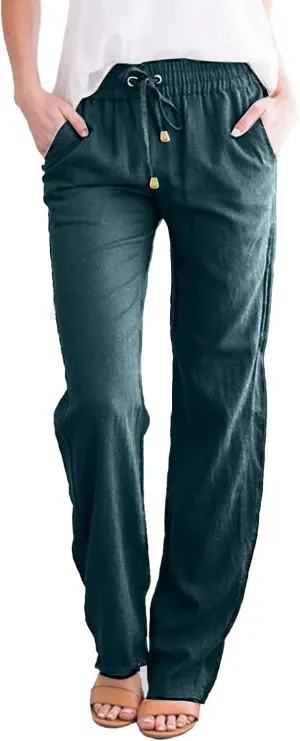 Women's Casual Cotton Linen Pants Summer Relax Fit Elastic Waist Straight Leg Comfy Solid Color Lounge Long Trouser