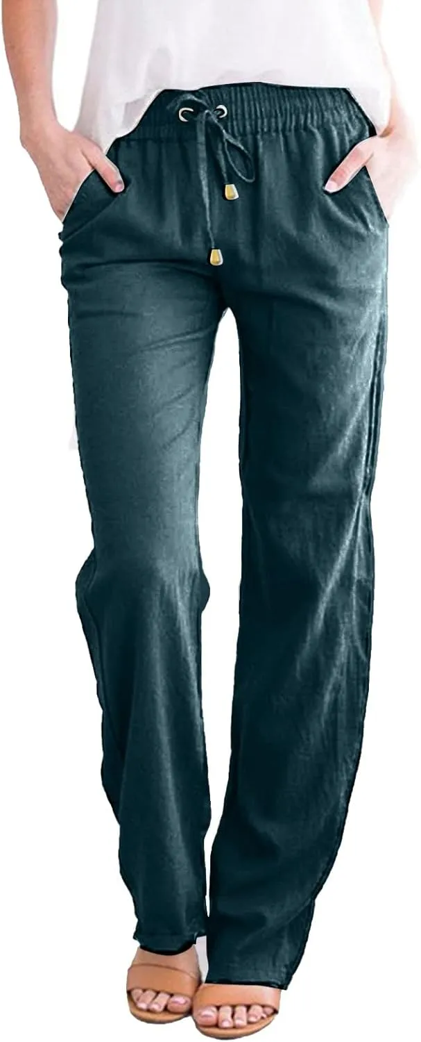 Women's Casual Cotton Linen Pants Summer Relax Fit Elastic Waist Straight Leg Comfy Solid Color Lounge Long Trouser