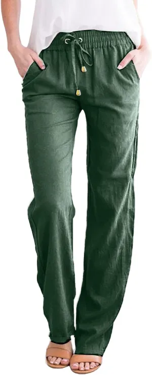 Women's Casual Cotton Linen Pants Summer Relax Fit Elastic Waist Straight Leg Comfy Solid Color Lounge Long Trouser