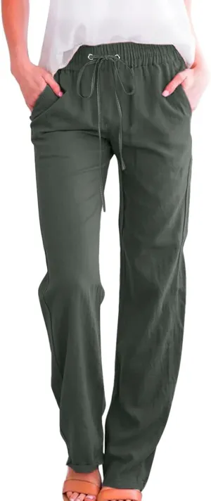 Women's Casual Cotton Linen Pants Summer Relax Fit Elastic Waist Straight Leg Comfy Solid Color Lounge Long Trouser