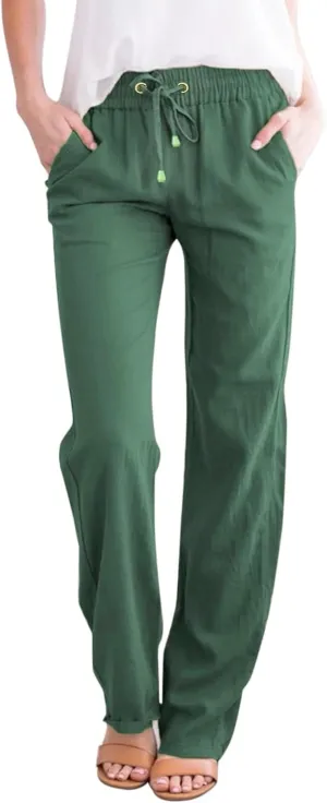 Women's Casual Cotton Linen Pants Summer Relax Fit Elastic Waist Straight Leg Comfy Solid Color Lounge Long Trouser