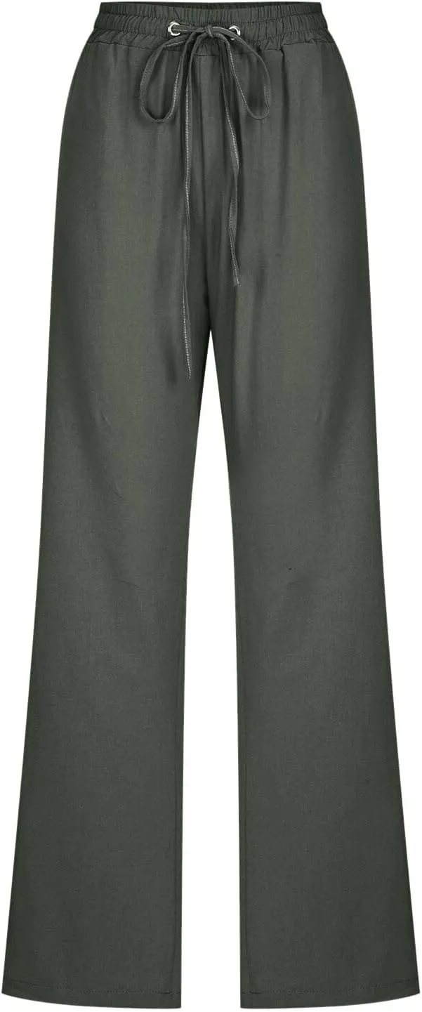Women's Casual Cotton Linen Pants Summer Relax Fit Elastic Waist Straight Leg Comfy Solid Color Lounge Long Trouser