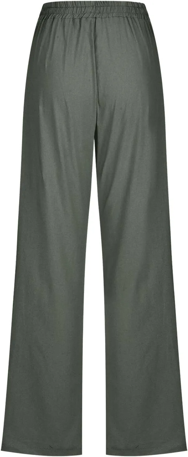 Women's Casual Cotton Linen Pants Summer Relax Fit Elastic Waist Straight Leg Comfy Solid Color Lounge Long Trouser