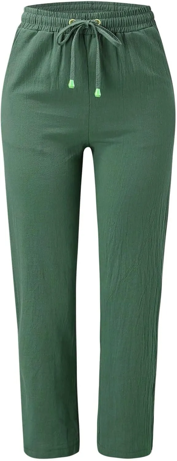 Women's Casual Cotton Linen Pants Summer Relax Fit Elastic Waist Straight Leg Comfy Solid Color Lounge Long Trouser