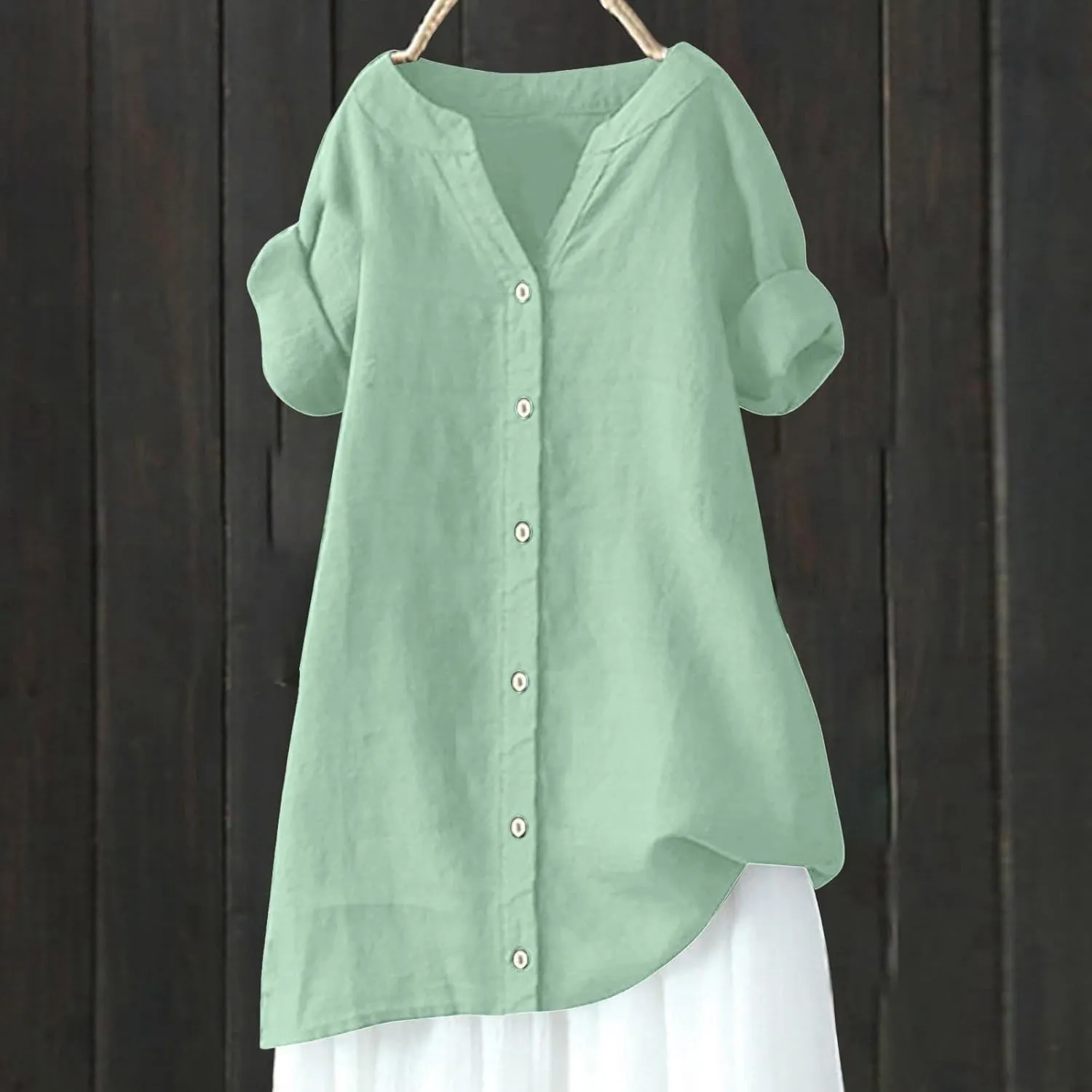 Womens Collared Button Down Shirts Solid Long Sleeve Linen Summer Casual Dress Blouse Top Loose Fit Tee Tops