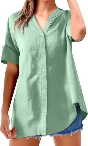 Womens Collared Button Down Shirts Solid Long Sleeve Linen Summer Casual Dress Blouse Top Loose Fit Tee Tops