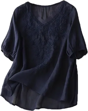 Womens Collared Embroidered Shirt Plain Short Sleeve Linen Summer Casual Trendy Blouses Top Loose Tunic Top