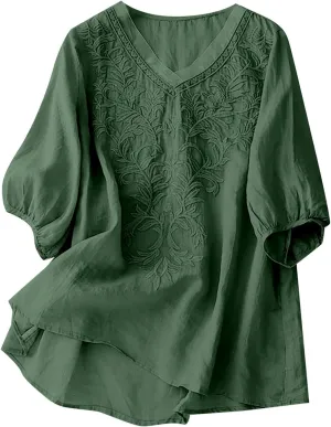 Womens Collared Embroidered Shirt Plain Short Sleeve Linen Summer Casual Trendy Blouses Top Loose Tunic Top