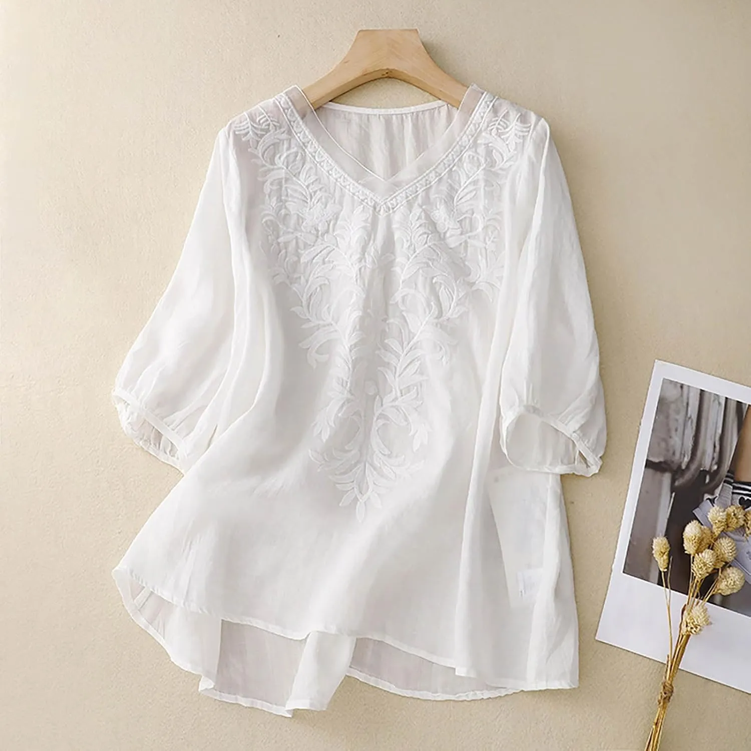 Womens Collared Embroidered Shirt Plain Short Sleeve Linen Summer Casual Trendy Blouses Top Loose Tunic Top