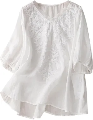 Womens Collared Embroidered Shirt Plain Short Sleeve Linen Summer Casual Trendy Blouses Top Loose Tunic Top