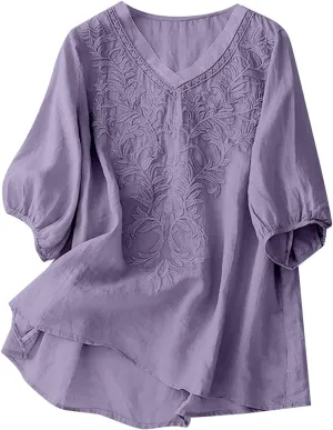 Womens Collared Embroidered Shirt Plain Short Sleeve Linen Summer Casual Trendy Blouses Top Loose Tunic Top