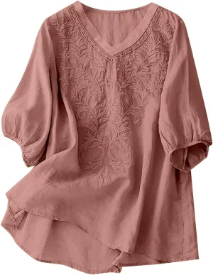 Womens Collared Embroidered Shirt Plain Short Sleeve Linen Summer Casual Trendy Blouses Top Loose Tunic Top
