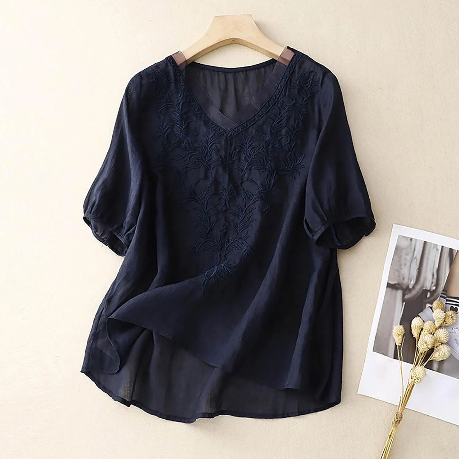 Womens Collared Embroidered Shirt Plain Short Sleeve Linen Summer Casual Trendy Blouses Top Loose Tunic Top