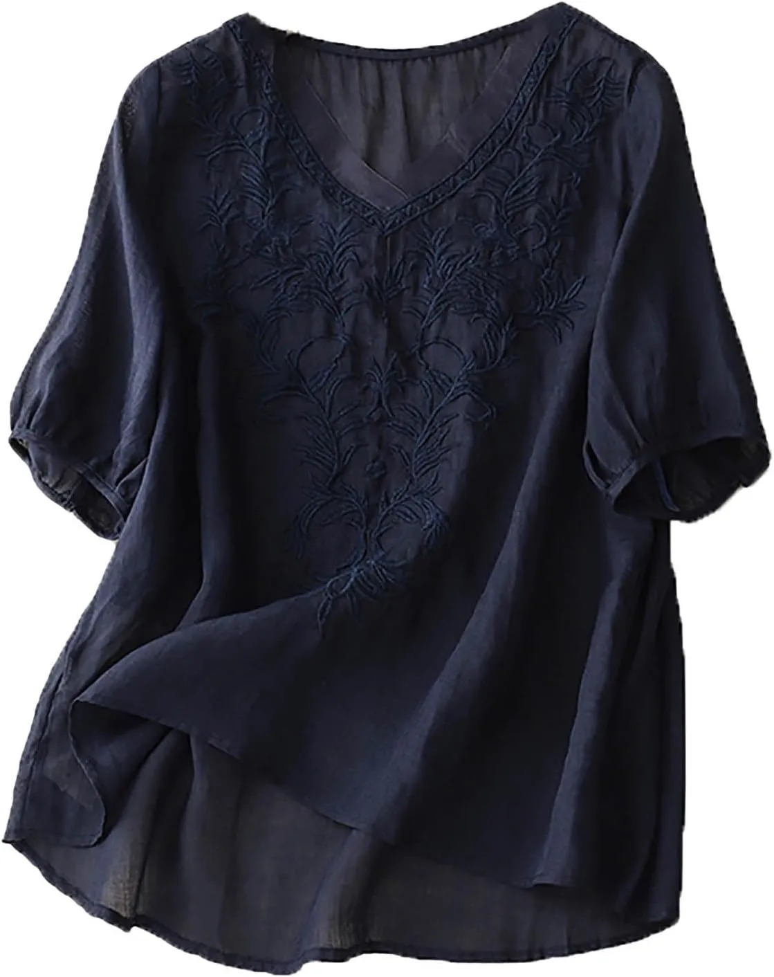 Womens Collared Embroidered Shirt Plain Short Sleeve Linen Summer Casual Trendy Blouses Top Loose Tunic Top