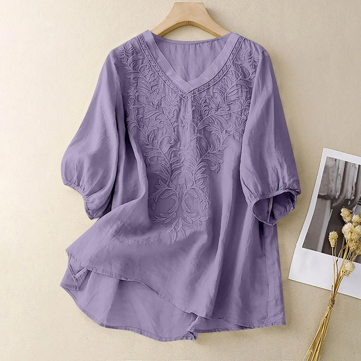 Womens Collared Embroidered Shirt Plain Short Sleeve Linen Summer Casual Trendy Blouses Top Loose Tunic Top